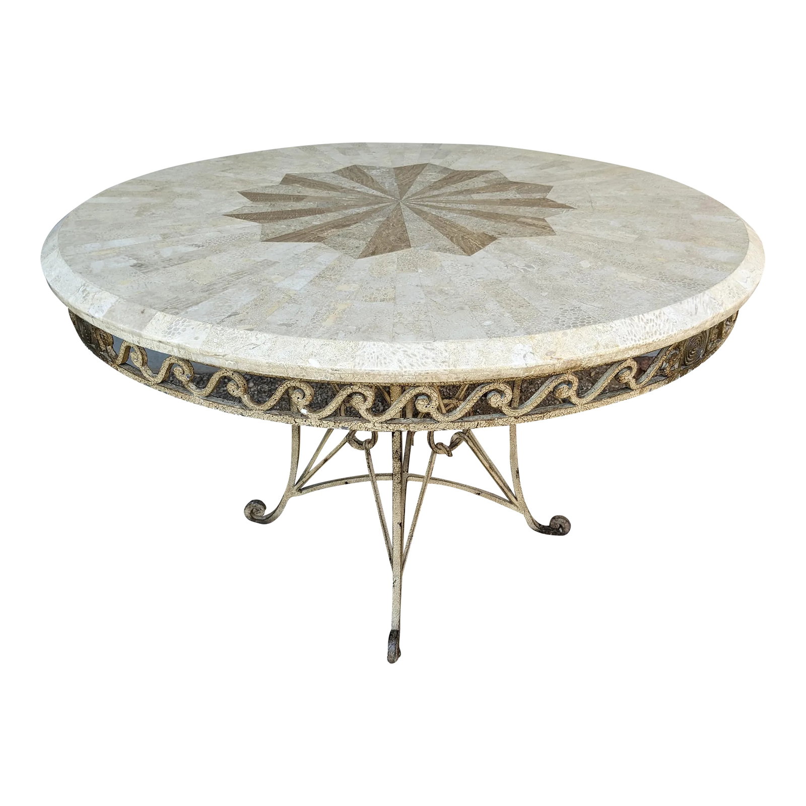 1990s Thomasville 44" Wrought Iron Table W/Tessellated Fossiliferous Limestone Top (1 of 12)