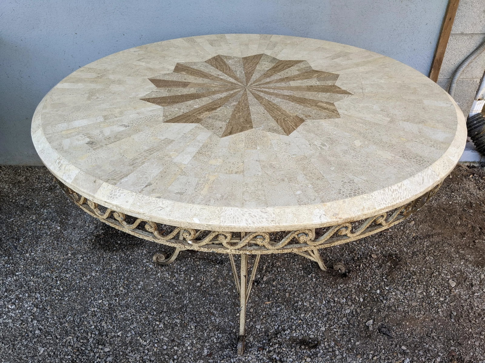 1990s Thomasville 44" Wrought Iron Table W/Tessellated Fossiliferous Limestone Top - 2