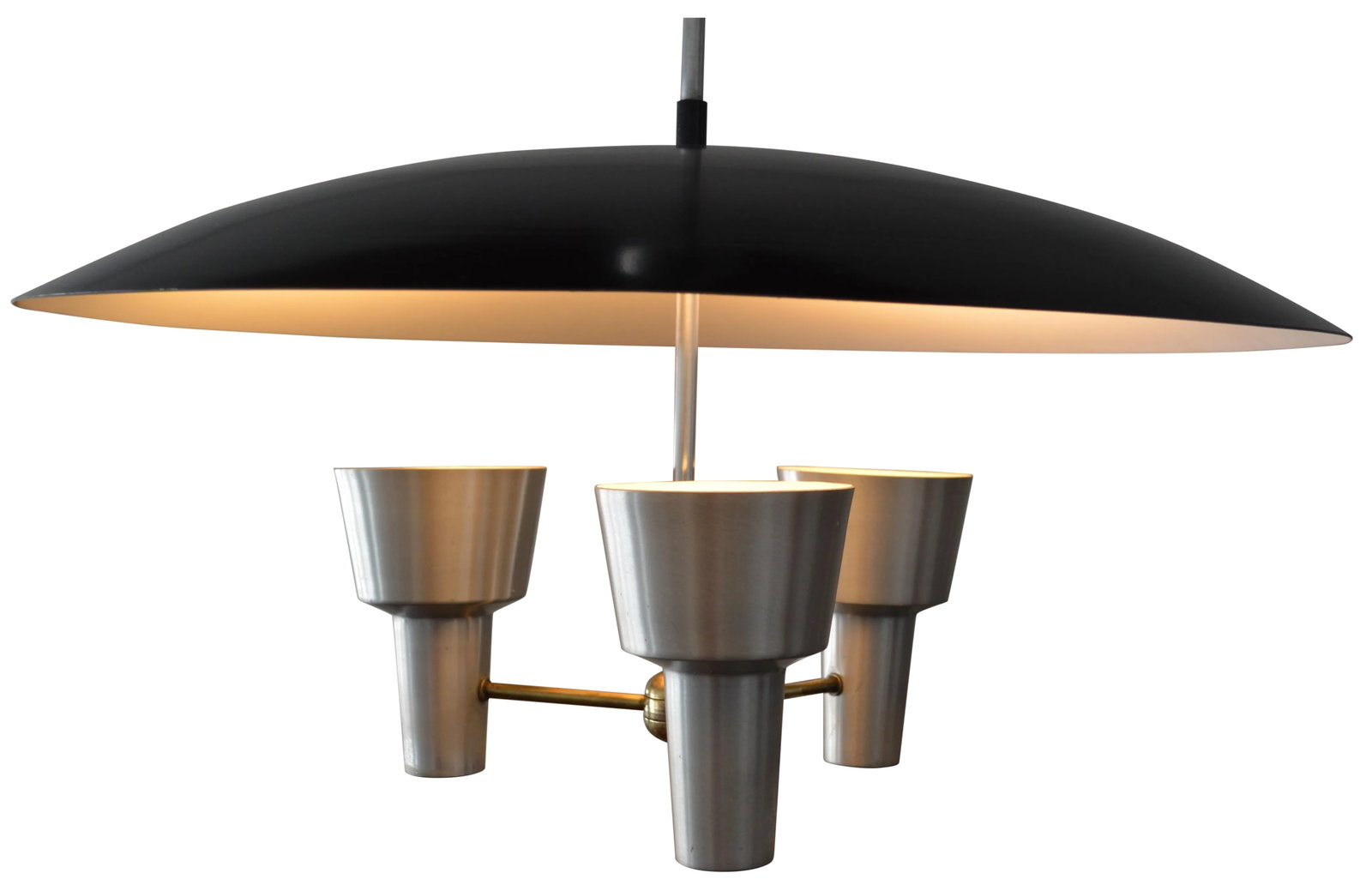 LiteCraft Aluminum 3-Light Chandelier: Stylish and top quality pendant fixture by Brooklyn lighting manufacturer Litecraft in the 1960s. Featuring three brushed aluminum pendants connected by solid brass hardware and a black and white