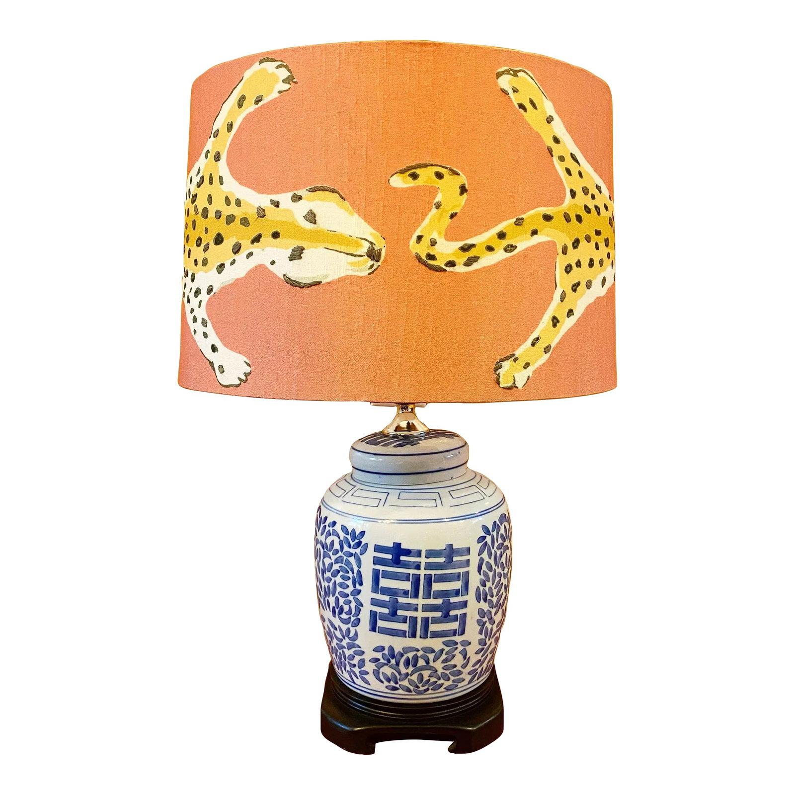 Vintage Double Happiness Ginger Jar Lamp W/ Dana Gibson Shade: A vintage "double happiness" ginger jar lamp with black Asian style base and coral Dana Gibson leopard shade with embroidered spots. Perfect for that nook where you need some chic illumination.