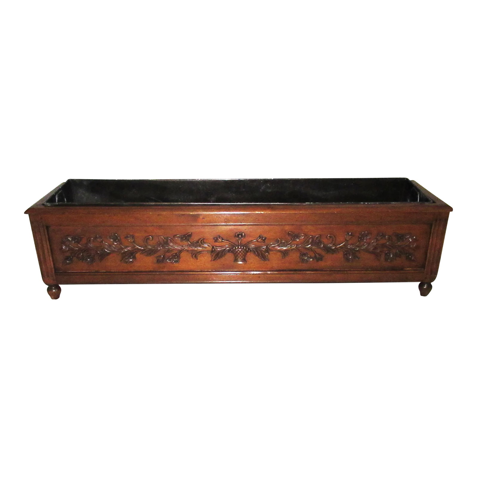 Vintage Oak French Planter Jardiniere With Metal Liner: Am oak French planter or jardiniere with metal liner. Planter has the classic French basket and leaf design on all four sides. Older reproduction with pegged construction. Stained a dark golden oak