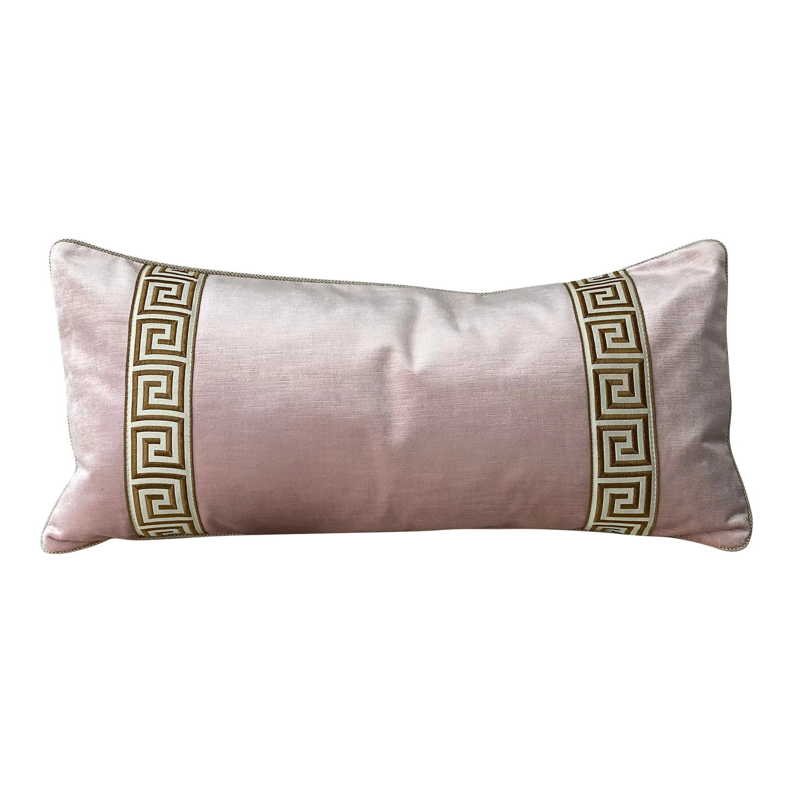 Contemporary Pink Velvet Lumbar Pillow: This is a beautiful custom lumbar pillow. The face of the pillow is done in a soft pink velvet with applied greek key trim on the ends of the pillow. The trim has an ivory ground and gold greek key
