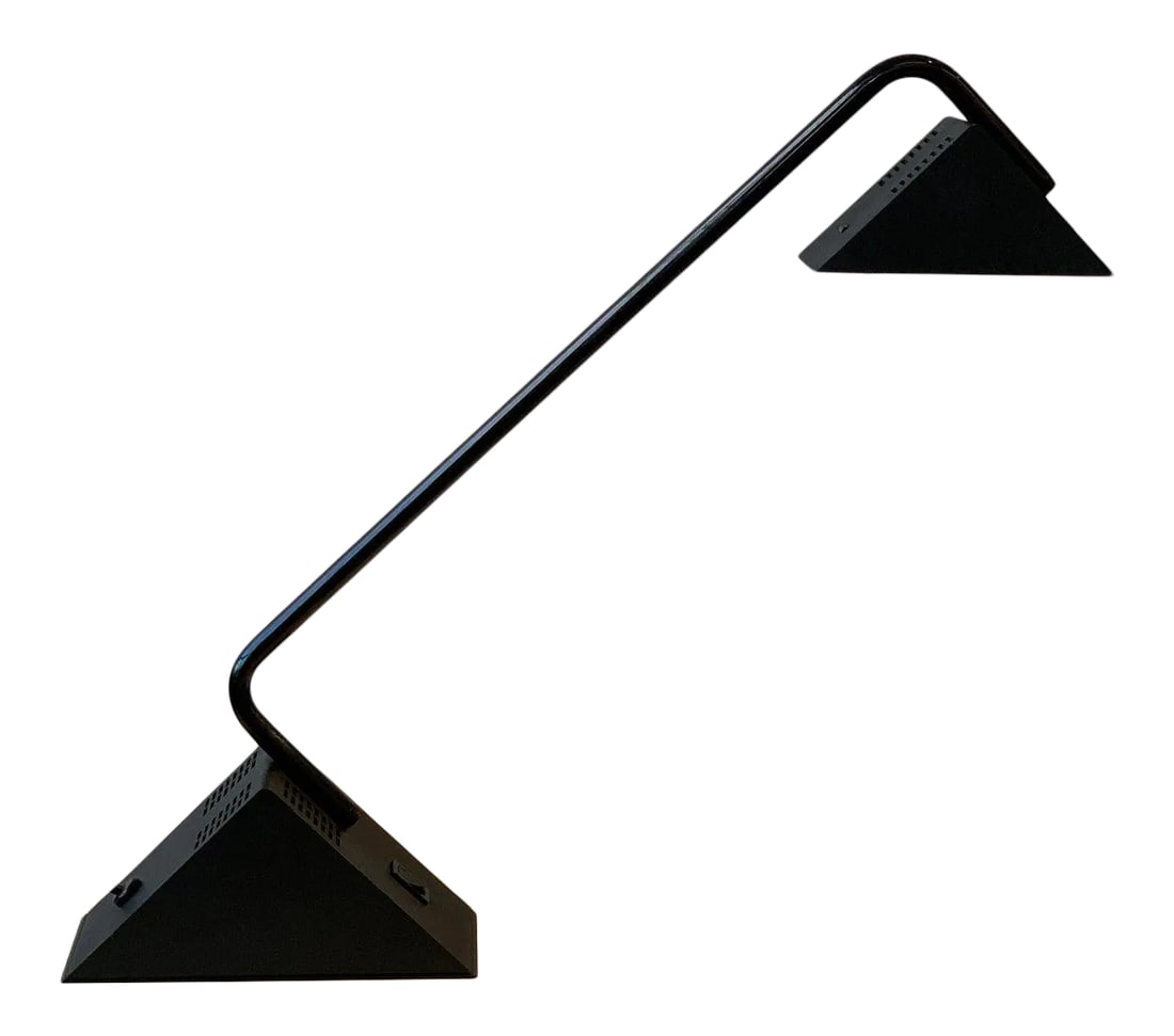 Vintage Postmodern Disegno Italia Black Enameled Metal + Molded Plastic Angy Desk Lamp, Circa 1970s: Rare Vintage Postmodern Disegno Italia Black Enameled Metal + Molded Plastic ANGY Desk Lamp, Circa 1970s. Enameled angular metal arm with triangular molded plastic base and head. "ANGY" model. Made