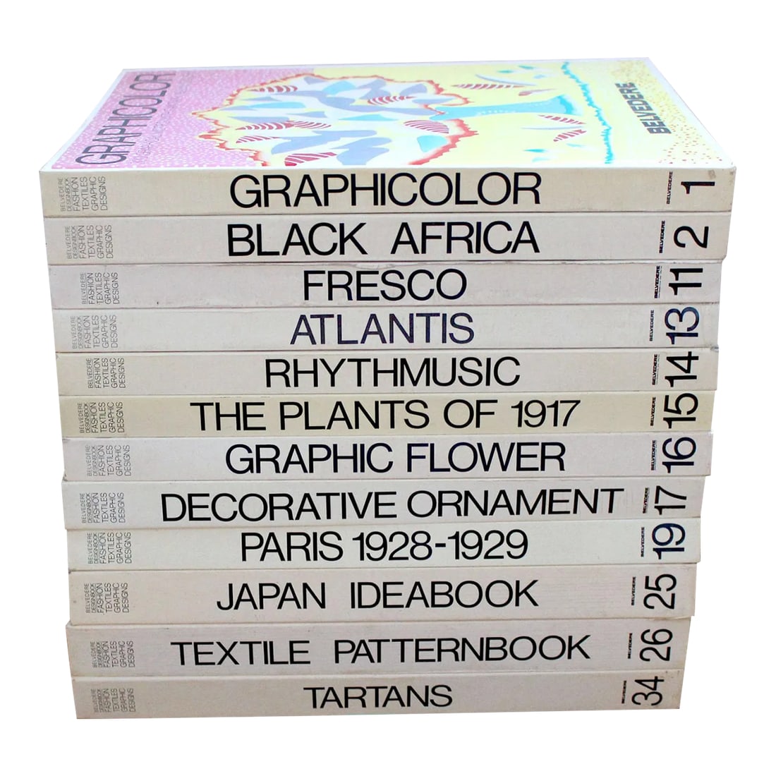1980's Belvedere Italian Graphic Art Design Coffee Table Decorative Hard Cover Books - Set of 12: Shown is a set of 12 hard cover design books by Italian company Belvedere from the 1980's. Images vary from abstract patterns and textures used to make textiles, to Parisian fashion, to nouveau
