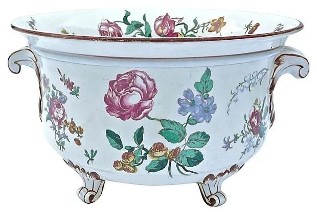 Vintage French Gien Floral Footed Bowl: Vintage; 1910-1950, French, Gien, floral, footed bowl with acanthus leaf style handles and feet. Floral designs on exterior and interior. Condition: minor wear/some interior stain spots. Materials: