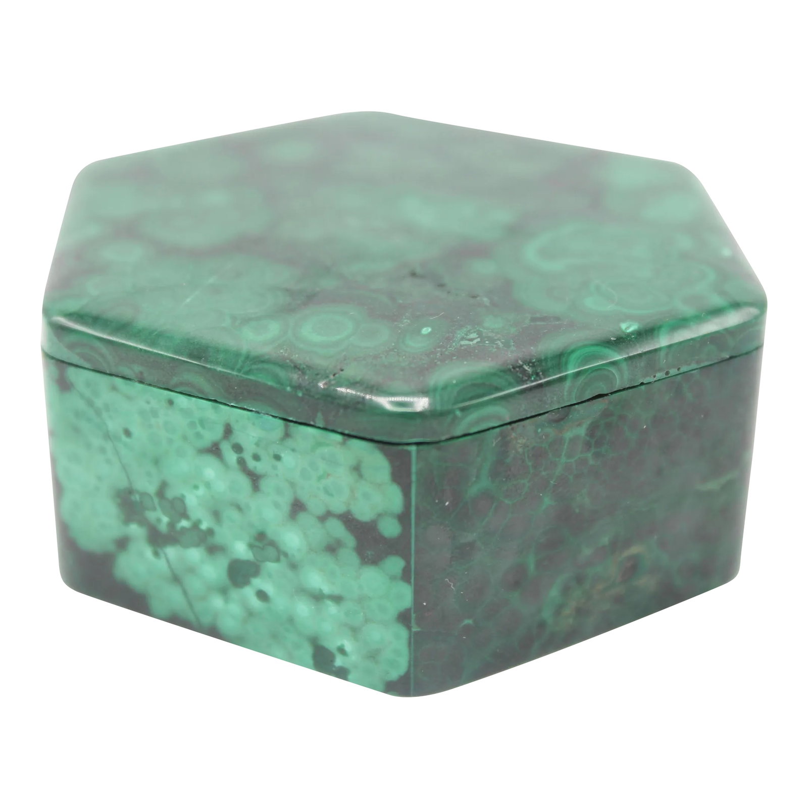 Vintage Hexagonal Genuine Malachite Box: A stunning vintage hexagon shaped genuine malachite box. The colors are superb, emitting greenish turquoise hues. You will love this box! It would be the perfect, unique gift. Condition: Alterations: 