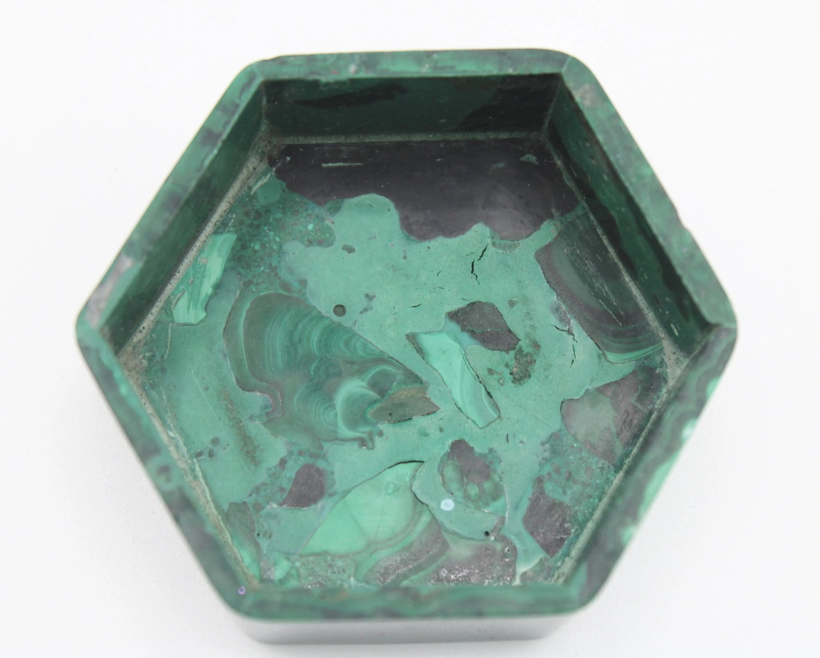 Vintage Hexagonal Genuine Malachite Box - 8