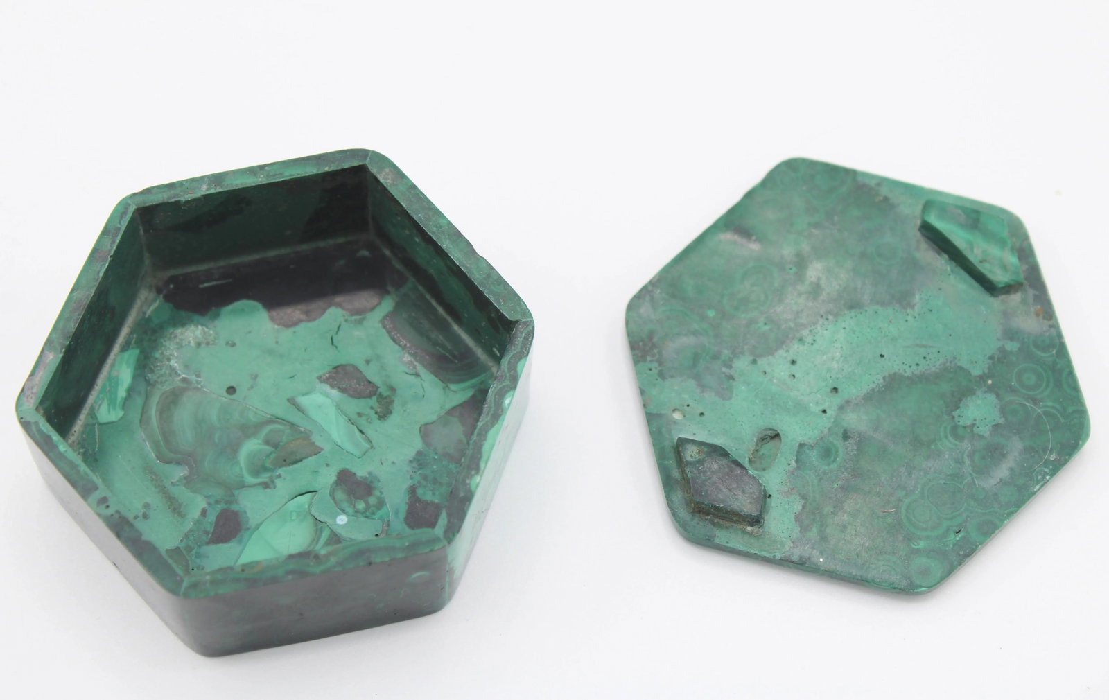 Vintage Hexagonal Genuine Malachite Box - 9