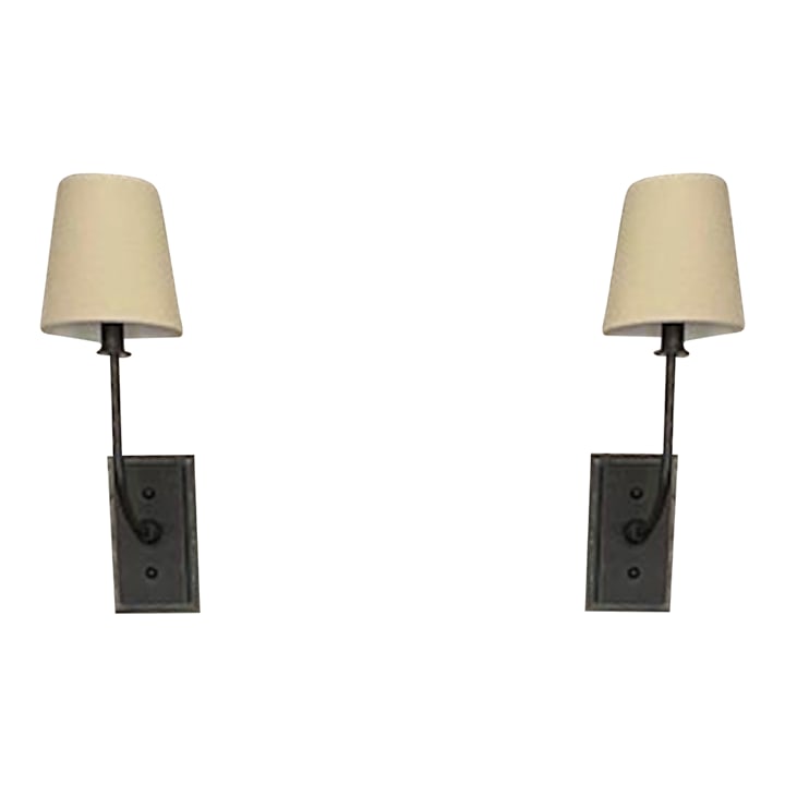 Pair of Visual Comfort Hulton Sconce: Hulton Sconce in Bronze with Crystal Backplate and Natural Paper Shade Visual Comfort by Thomas O'Brien. SPECIFICATIONS Height: 17" Width: 6" Extension: 7.5" Backplate: 4" x 7.25" Rectangle Socket: