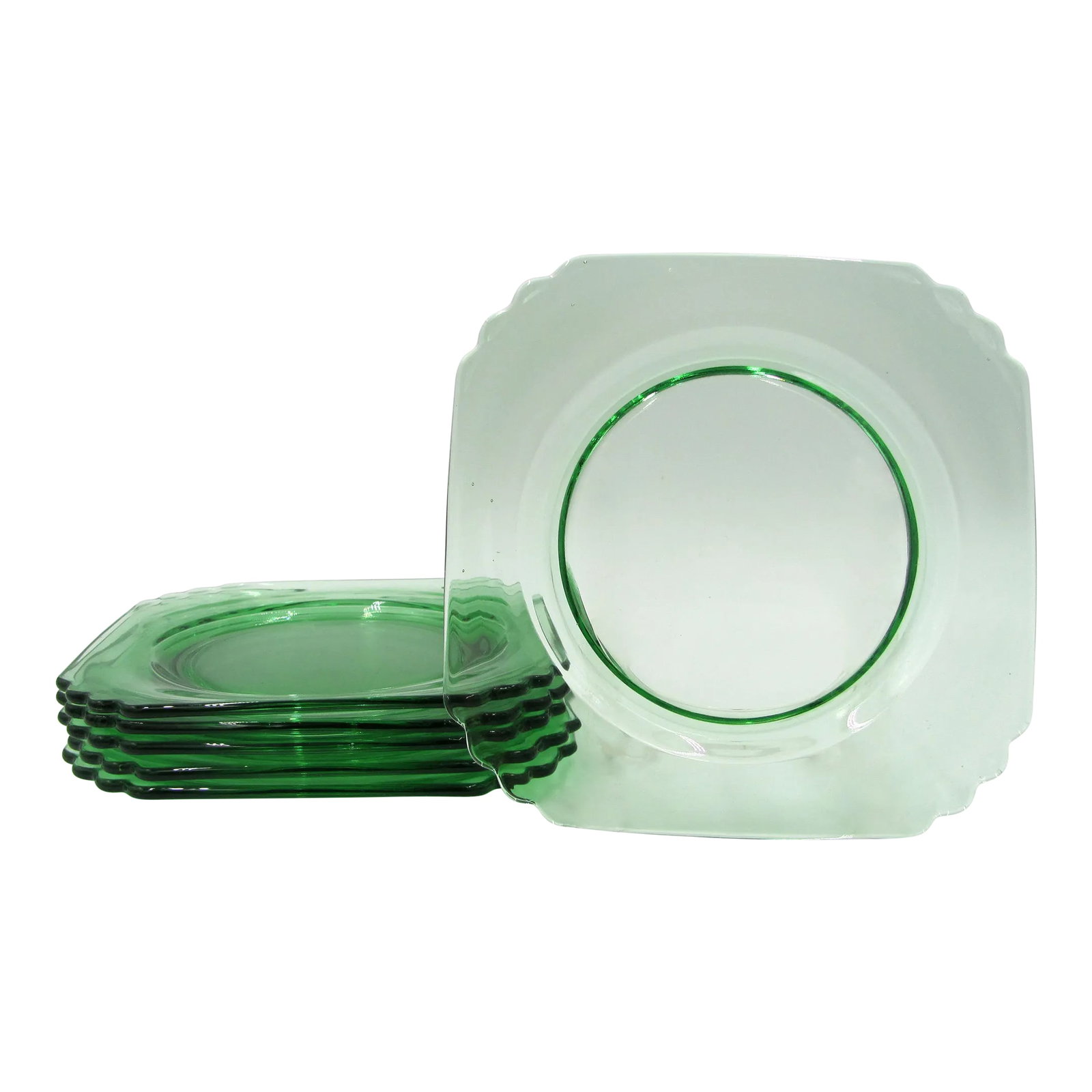 1930s American Fostoria Mayfair Green Square Salad or Dessert Plates - Set of 6: Set of six glass dessert plates in a Lime Citron Apple Jade Green from the 1930s As is typical with most colored glassware, when stacked they appear darker. But when single, are lighter in color No