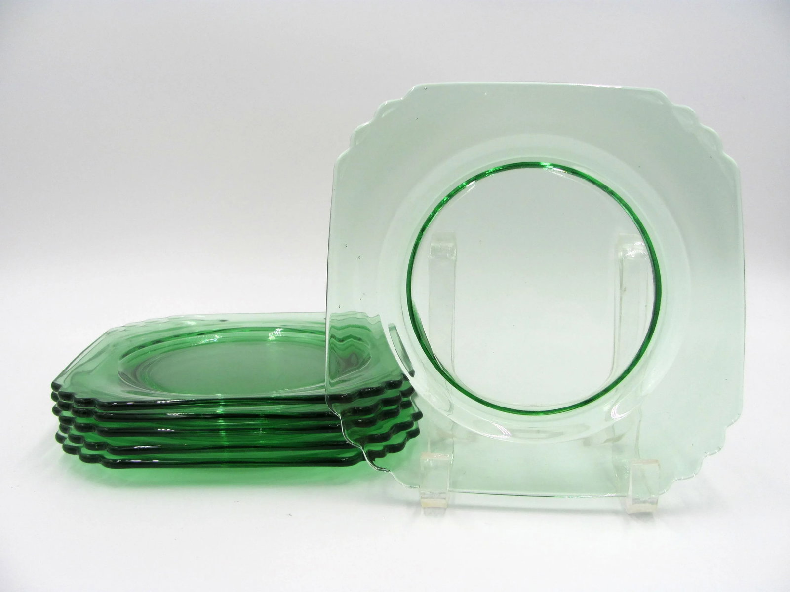 1930s American Fostoria Mayfair Green Square Salad or Dessert Plates - Set of 6 - 6