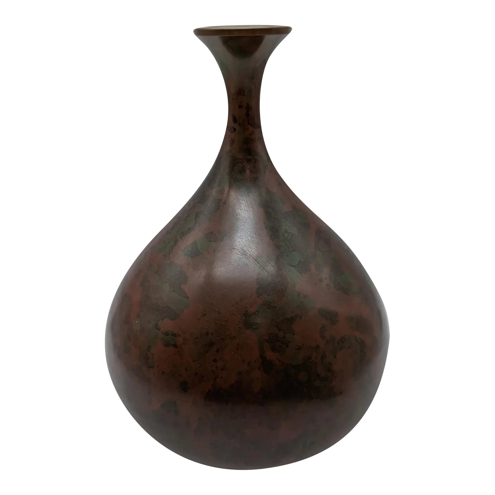 Vintage Japanese Murashido Marbleized Patina Showa Period Bronze Vase, Signed: Delicately shaped Murashido vase with a bulbous base, thin neck, and small opening. Incredible red/green patina from the process. Elegant and clean. Base is stamped, thought to read: Houn / possibly b