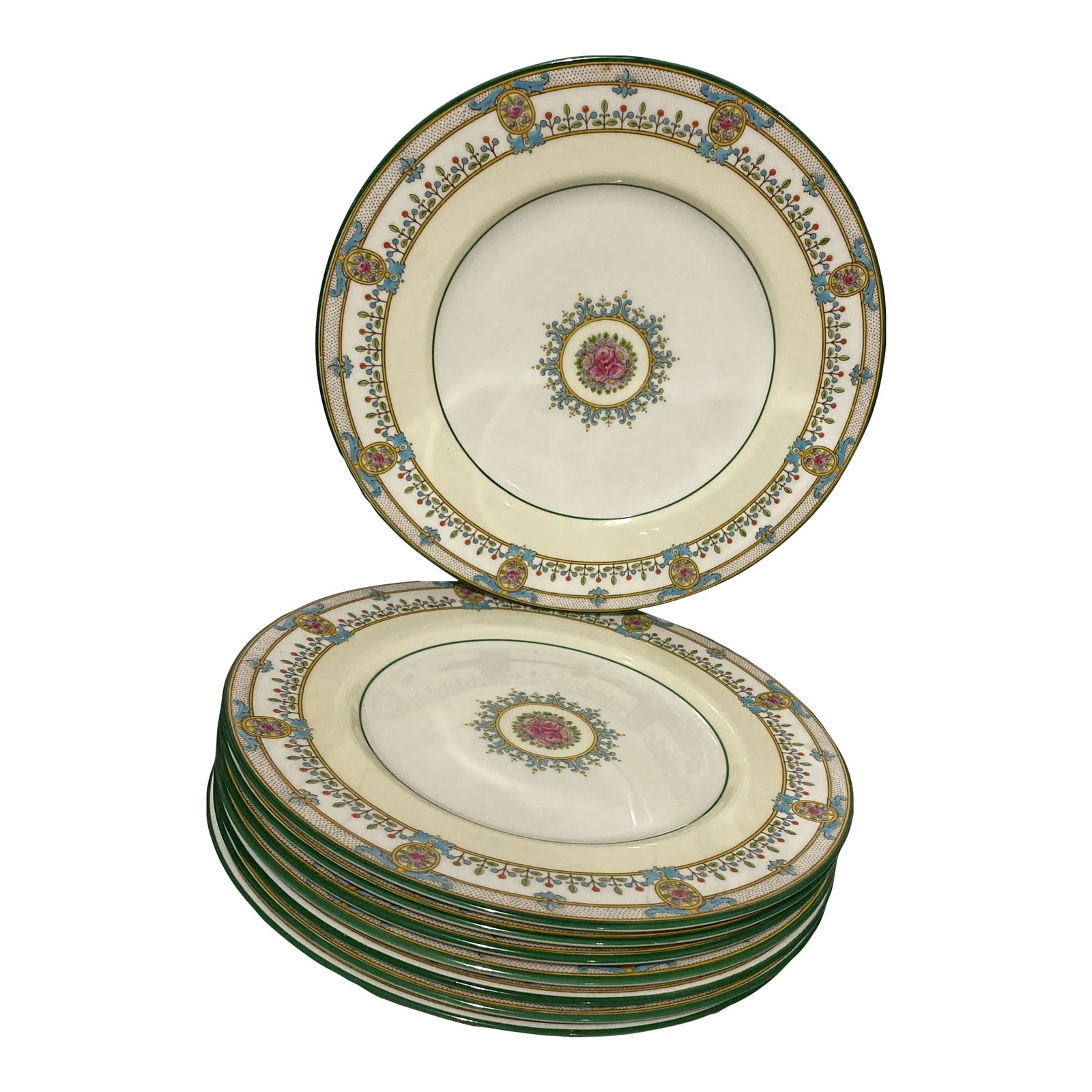 Antique Wedgwood Tintagel Dinner Plates- Set of 8: Wedgwood "Tintagel" pattern with raised enamelling on part of the design Stamp dates these to the early 1900s Condition: Alterations: Original Condition Unaltered Imperfections: Some Imperfections