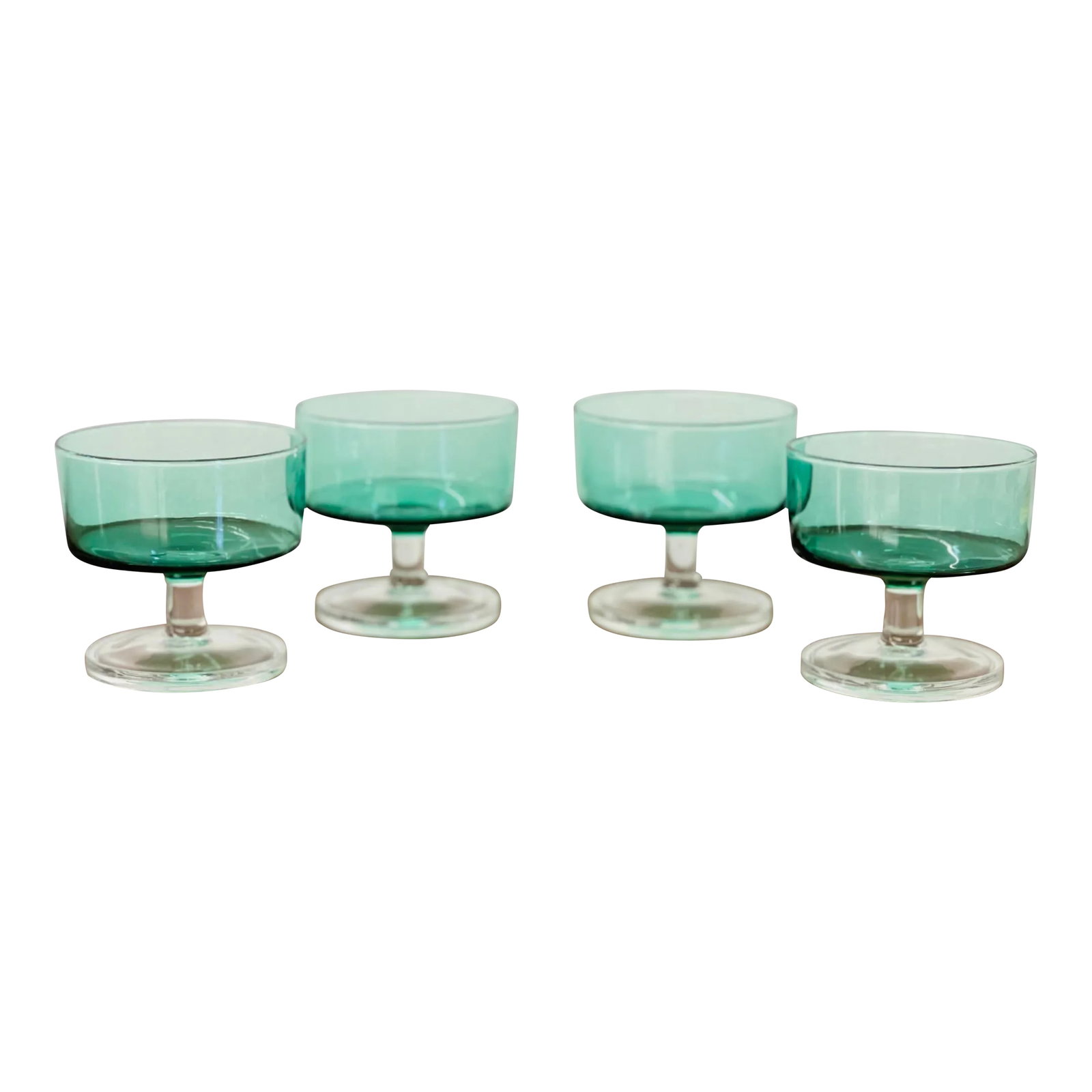 Vintage Mid-Century Modern French Cristal D'Arques Cavalier Green Champagne Coupes - Set of 4: Gorgeous Set of 4 Vintage MCM Cristal D'Arques Cavalier Green Stemmed Champagne Coupes. Can also be used as Sherbert Bowls. Made in France. Rare find in the Green!!! All in pristine vintage