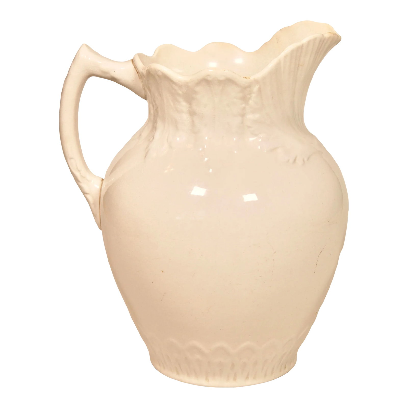 Vintage English White Ironstone Ceramic Pitcher: A superb vintage white English style ironstone pitcher with lovely detail, shape, and design. The pitcher is in excellent vintage condition, with no cracks or chips. This vase would look lovely as a