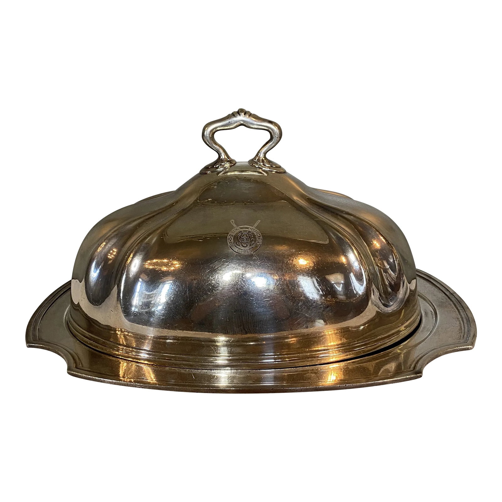 Heavy Hotel Silver Crested Meat Dome and Under-Tray: Lovely, fun antique heavy hotel silver soldered covered tray with an engraved crest with monogram and crossed golf clubs for the Hoosier Country Club made by R. Wallace. (Size given is for tray with
