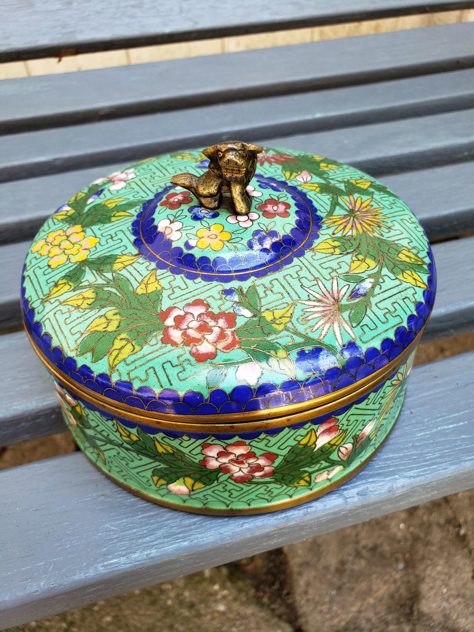 Early 20th Century Antique Chinese Cloisonne Jade Green Box W/Lid "China" Foo Dog Finial - 6