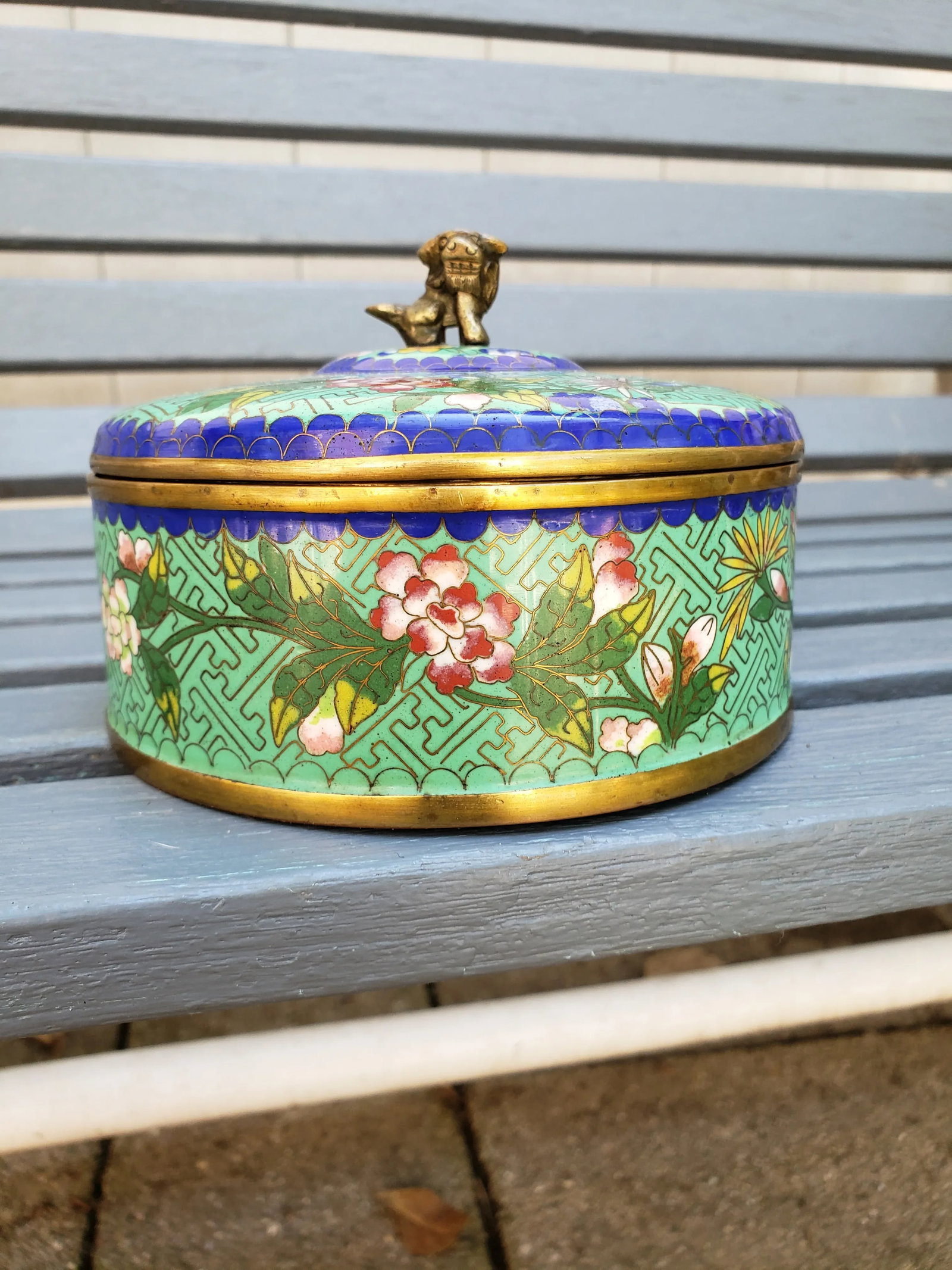 Early 20th Century Antique Chinese Cloisonne Jade Green Box W/Lid "China" Foo Dog Finial - 7