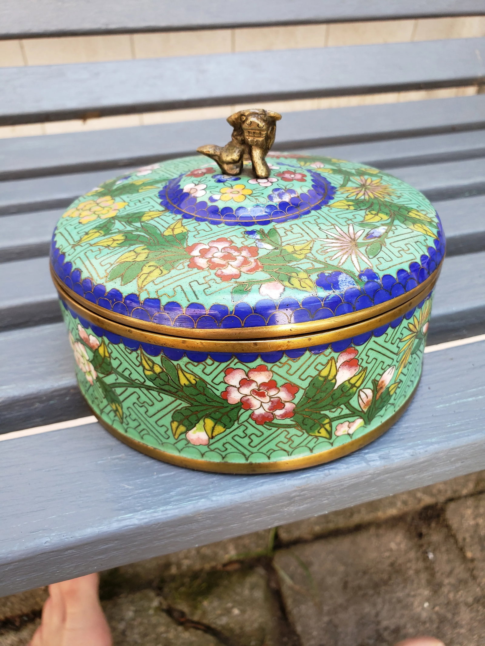 Early 20th Century Antique Chinese Cloisonne Jade Green Box W/Lid "China" Foo Dog Finial - 8
