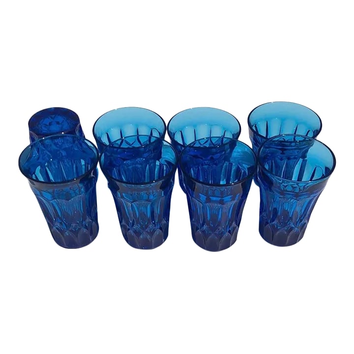 1970s Brilliant Blue Drinking Glasses Set- 8 Pieces: Set of 8 vintage Italian blue drinking glasses. 4 tall (5"T; 3.5" mouth; 2.5"W) 4 short (3.75"T; 3.5" mouth; 2.5"W) Condition: Alterations: Original Condition Unaltered Imperfections: Some