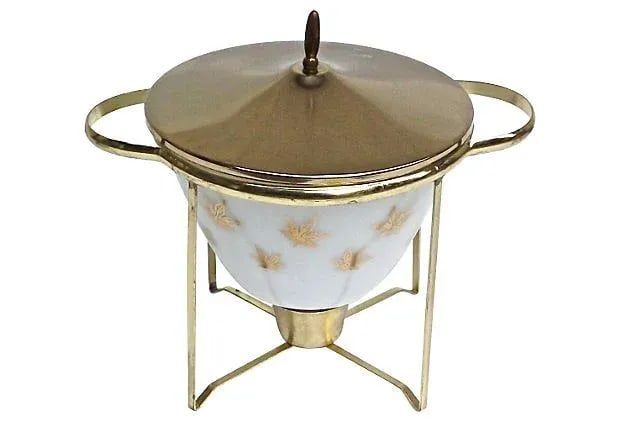 Mid-Century Modern Round Dish Warmer: Vintage; 1960s, Mid-Century Modern, round, chafing dish warmer with milk glass casserole bowl and brass domed lid. One candle cup under bowl. Brass frame. Condition: some wear, scratches. Country of