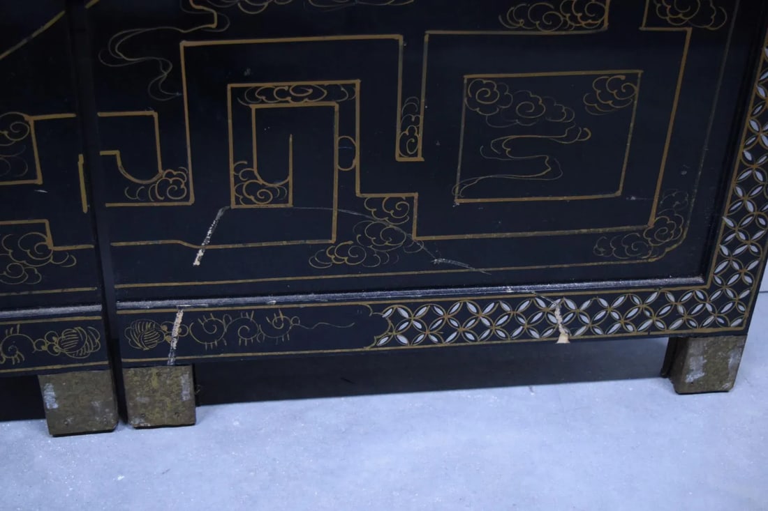 Chinese 4-Panel Stone Inlay Lacquered Scenic Wooden Folding Floor Screen Room Divider - 11