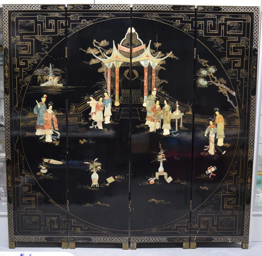 Chinese 4-Panel Stone Inlay Lacquered Scenic Wooden Folding Floor Screen Room Divider - 13