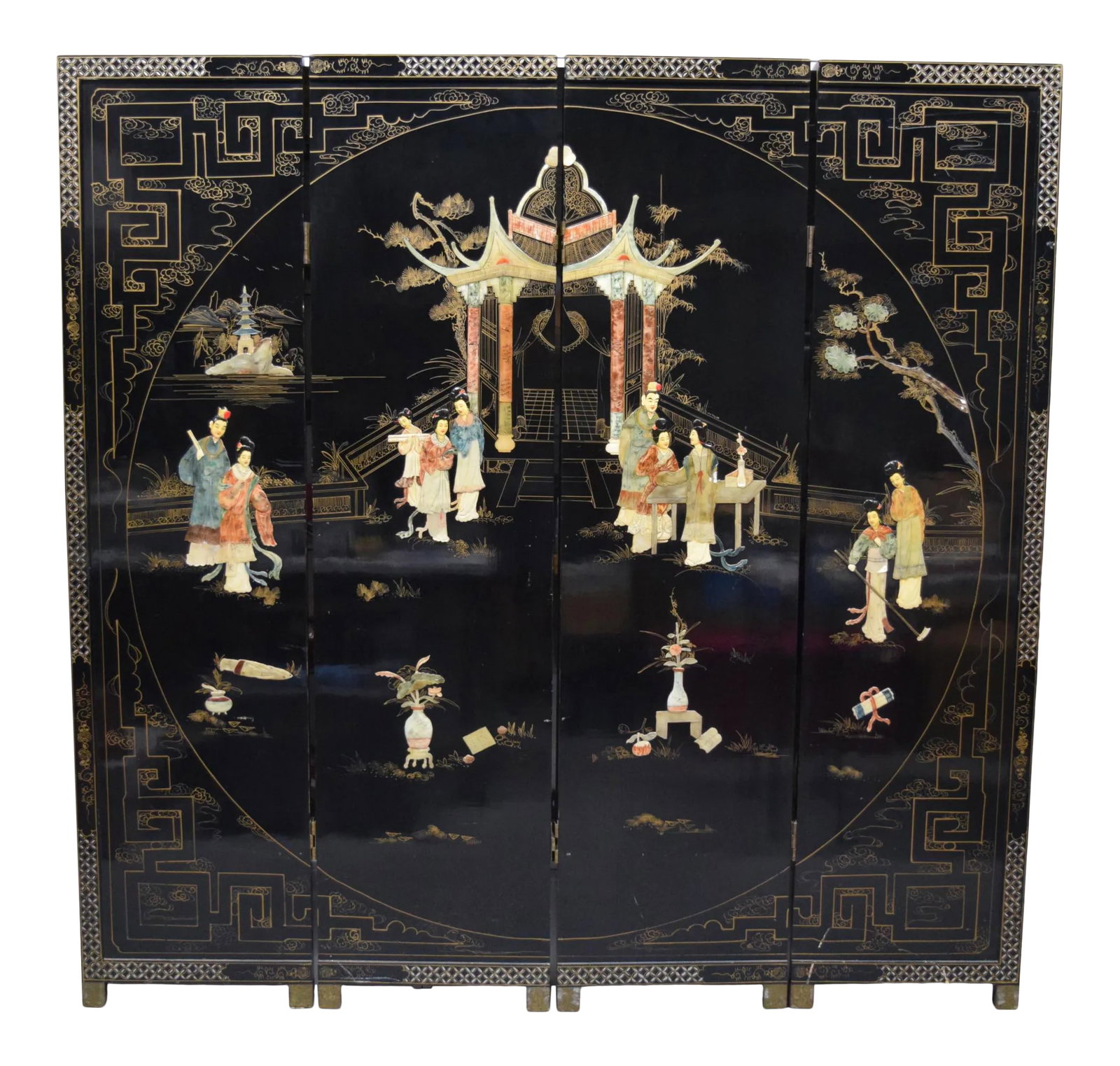 Chinese 4-Panel Stone Inlay Lacquered Scenic Wooden Folding Floor Screen Room Divider: Each panel sharing portions of a larger scene completed in paint and faux semi-precious stones, depicting a pagoda to the center with various scenes of people tending the grounds, carrying scrolls, pl