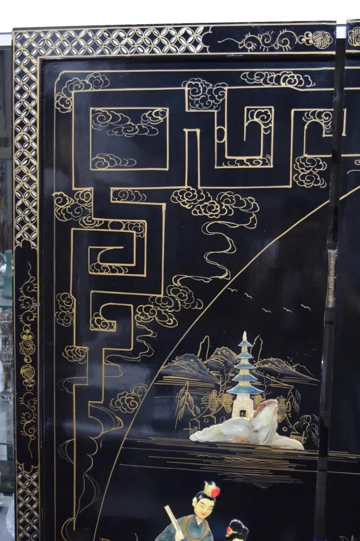 Chinese 4-Panel Stone Inlay Lacquered Scenic Wooden Folding Floor Screen Room Divider - 2