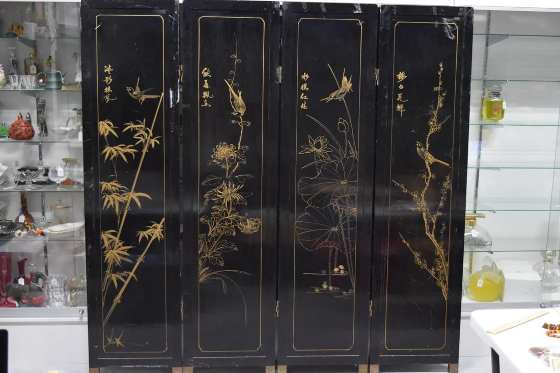 Chinese 4-Panel Stone Inlay Lacquered Scenic Wooden Folding Floor Screen Room Divider - 4