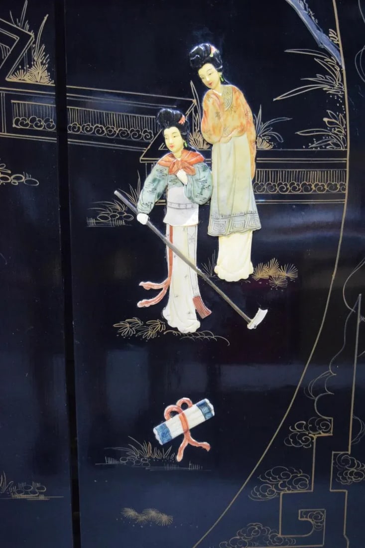 Chinese 4-Panel Stone Inlay Lacquered Scenic Wooden Folding Floor Screen Room Divider - 5