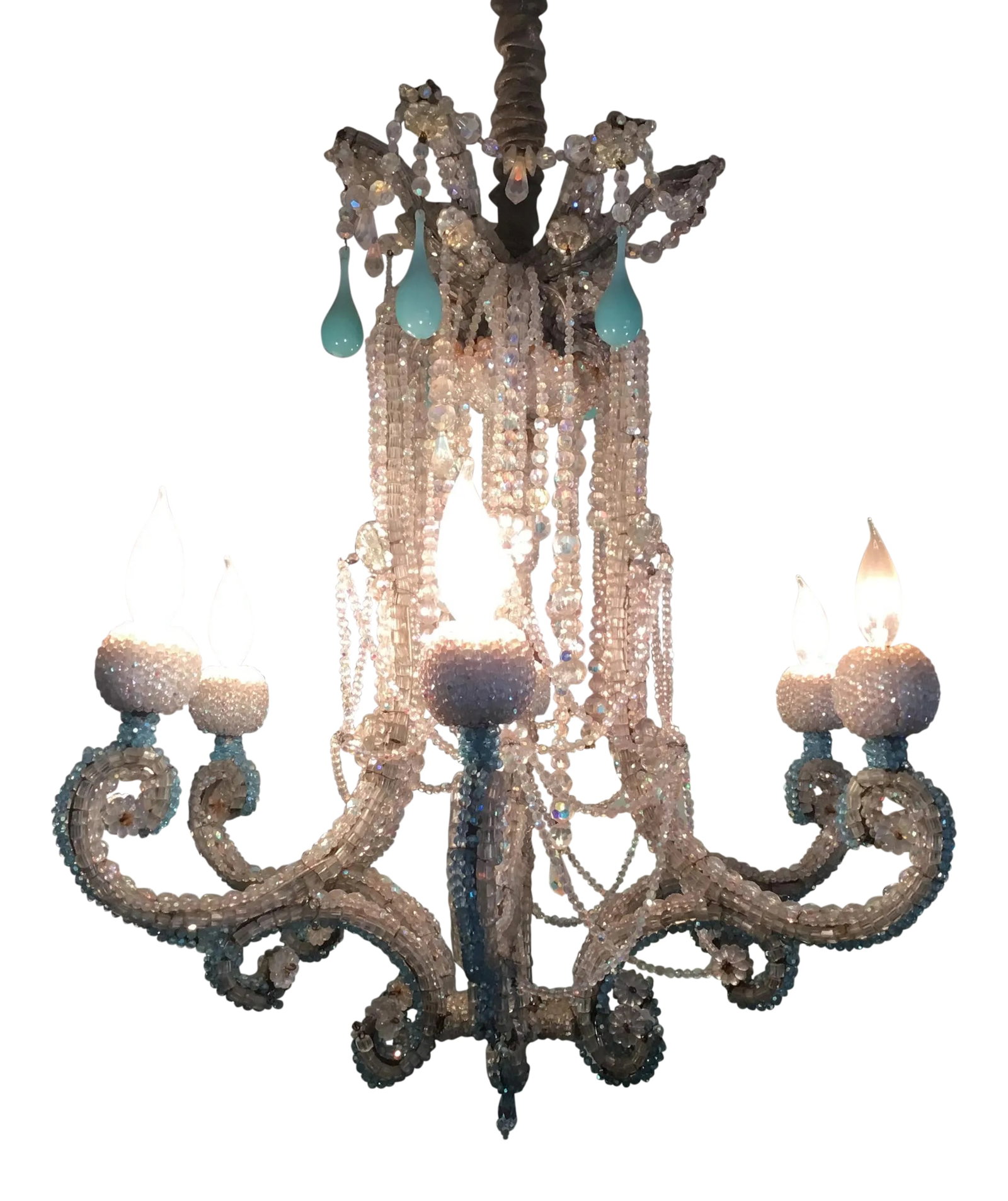 Crystal Six-Arm Chandelier: Gorgeous crystal chandelier with six arms. This piece is covered in clear and turquoise blue crystals. Stunning and ornate! Condition: Alterations: Original Design Modified Imperfections: Some