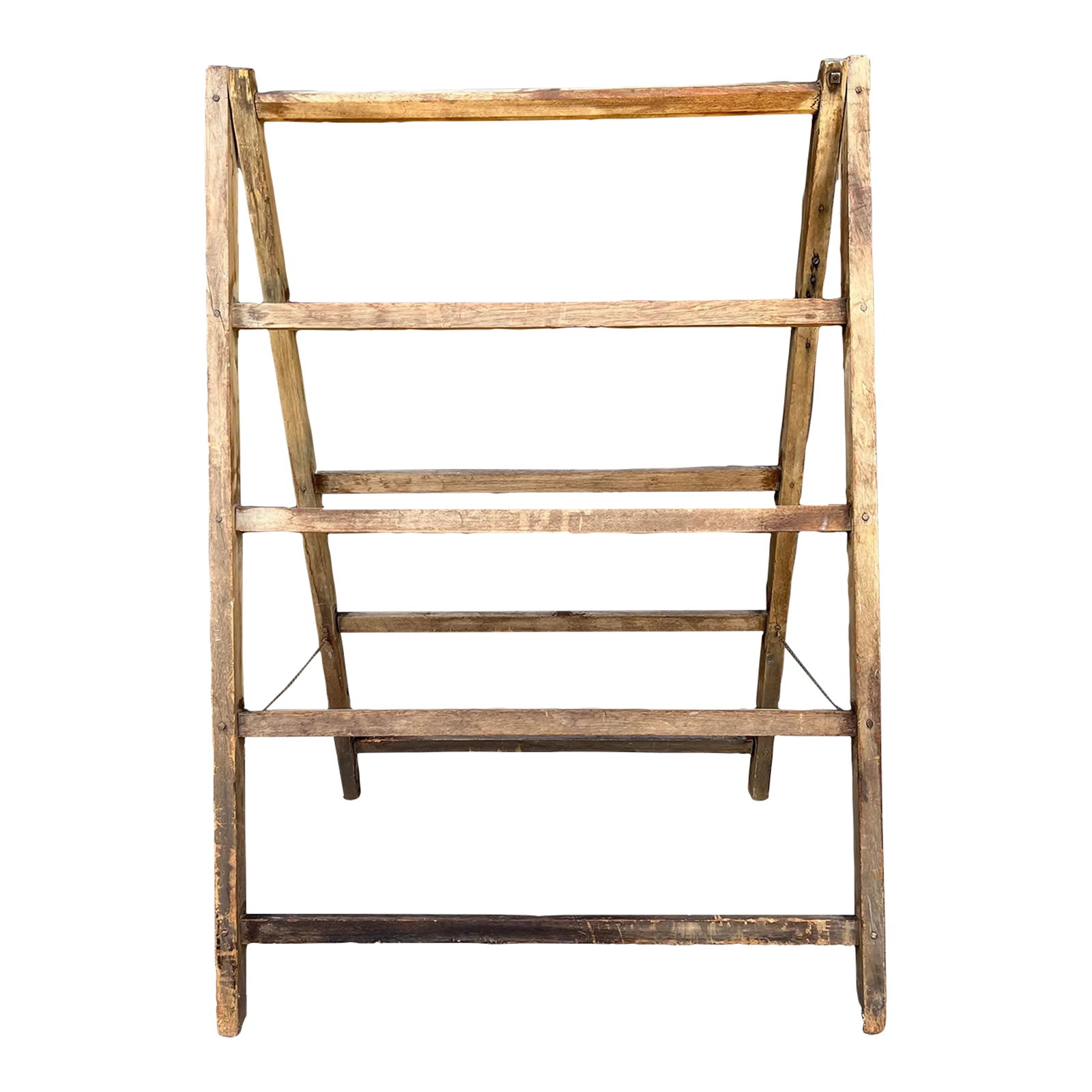 Mid 19th Century Antique Folding Wooden Drying Rack: Perfect for displaying quilts or as a structural piece. Primitive design as the construction is all wooden pegs from the mid 1800s. Condition: Alterations: Original Condition Unaltered Imperfections: