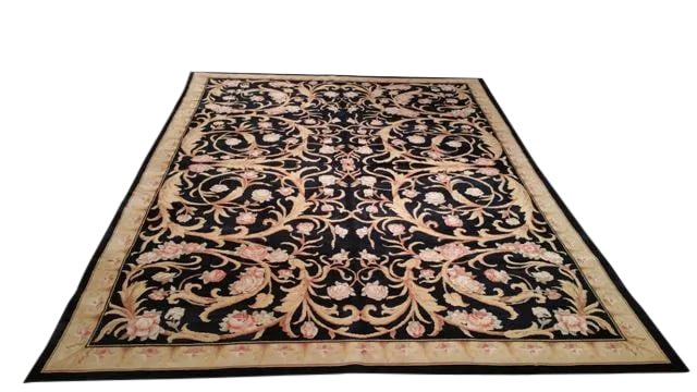 Aubusson Design Handmade Rug - 8x11 - Size Cat. 8x10 9x12: French aubusson design handmade knotted rug - infuse a touch of elegance to high-traffic areas of your home with this durable french modern rug in colors of black, gold, pink. The rug is made of