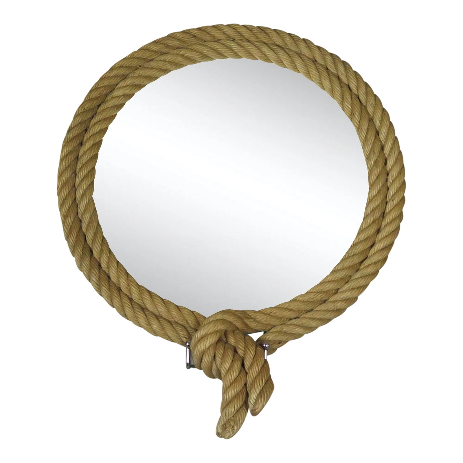 Circa 1960s Audoux Minet French Rope Mirror: Rope Mirror with Leather Backing by Audoux Minet. France, circa 1960. Condition: Alterations: Original Condition Unaltered Imperfections: Some Imperfections Condition Notes: Very good condition. Some