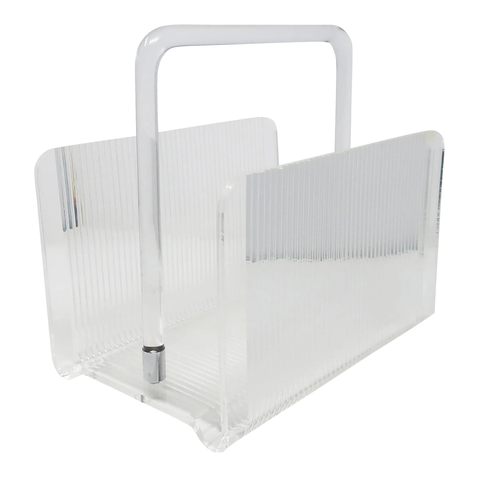 1970s Lucite Magazine Rack: An elegant vintage lucite magazine rack with rounded clear lucite handle. Perfect for storing magazines, books, or records and adding a lovely mid-century modern touch to any living room. In good
