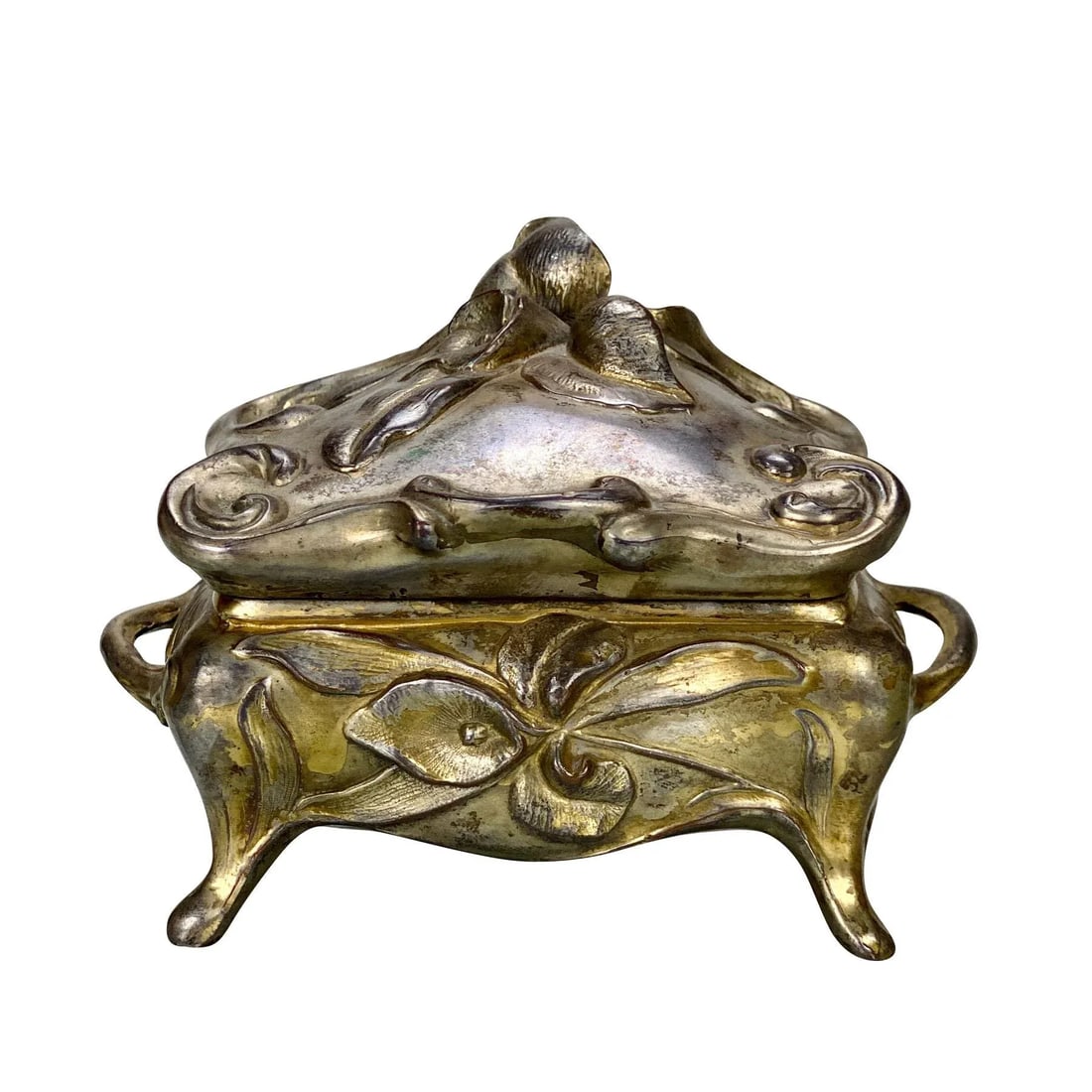 Vintage Art Nouveau Gold Gilded Cast Metal Trinket Dresser Box - 13
