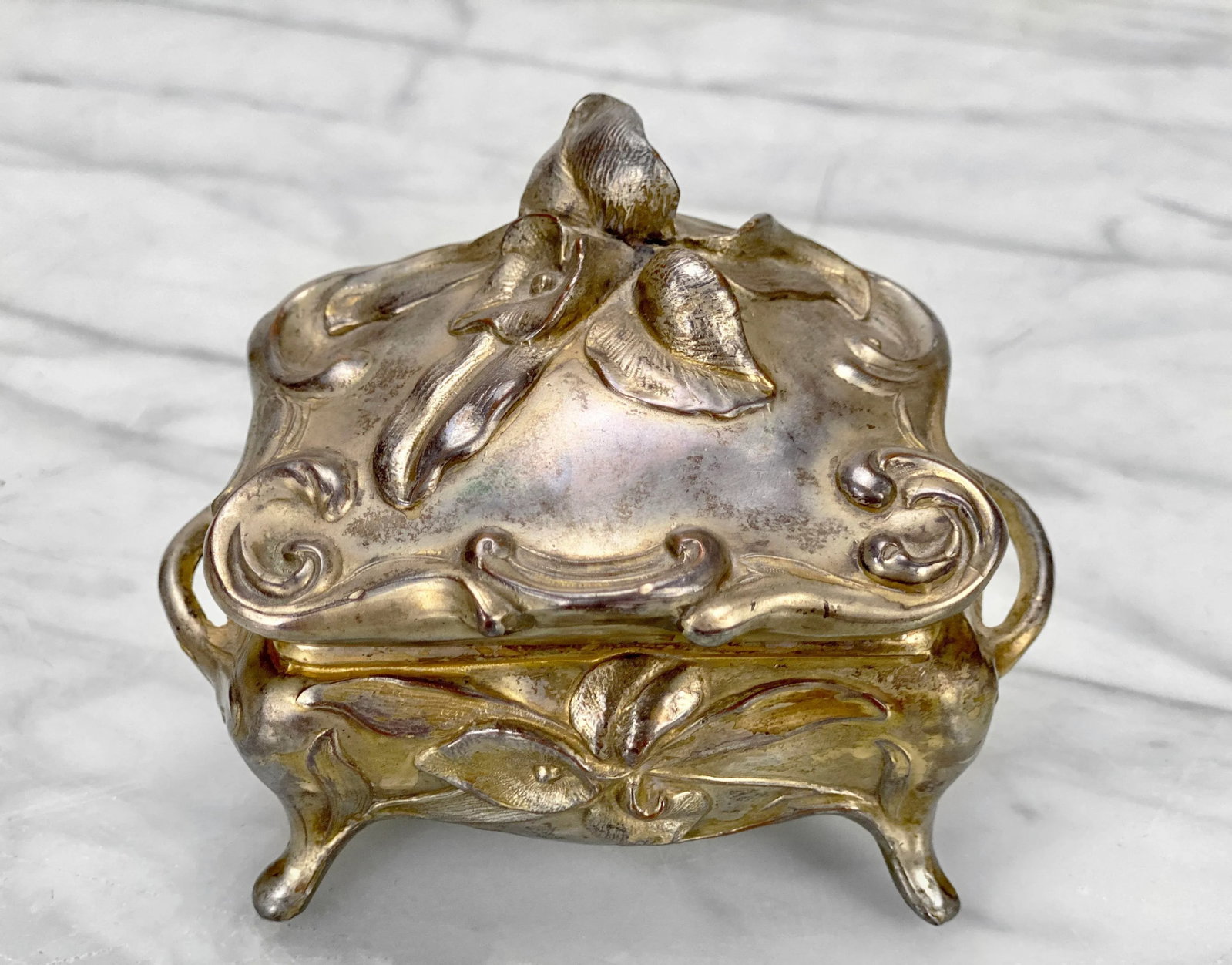 Vintage Art Nouveau Gold Gilded Cast Metal Trinket Dresser Box - 6