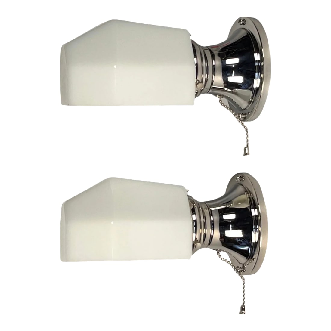 1930s Chrome Art Deco Bath Sconces - a Pair: The brand new chrome really shines of this nice pair of bath sconces with pullchain on/off! Nice original glass is free of cracks. Porcelain sockets can take a 100w incandescent. Extend 8.5" from