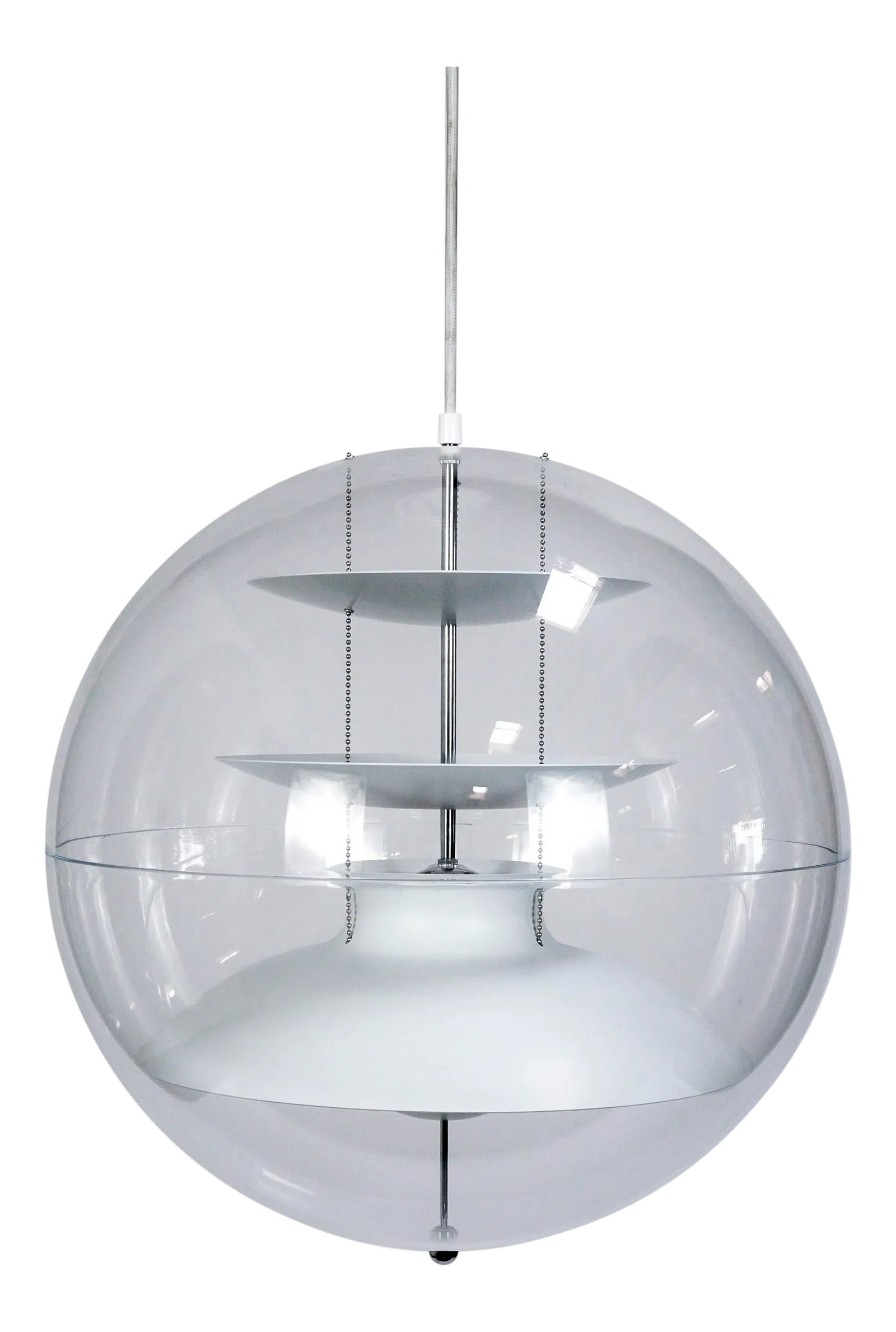 Verner Panton "Panto Lamp" Hanging Sphere Light: A recent production of Verner Panton's 1977 design, this pendant light comprises an acrylic transparent sphere and white aluminum reflectors with some red interior parts and emits a lovely, diffused