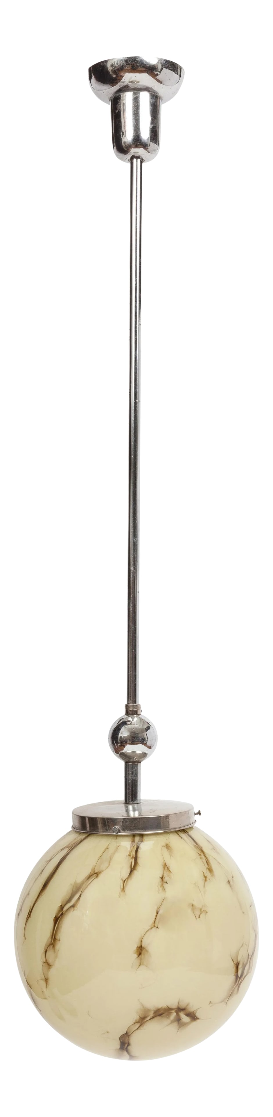 1960s Italian Marbled Glass and Chrome Pendant Lamp: Stunning vintage Italian pendant light from the 1960s with hand-blown marbled glass globe and chrome hardware. Wired to US standards. Accepts a regular base bulb. Stem length: 26" Globe height: 9.5"