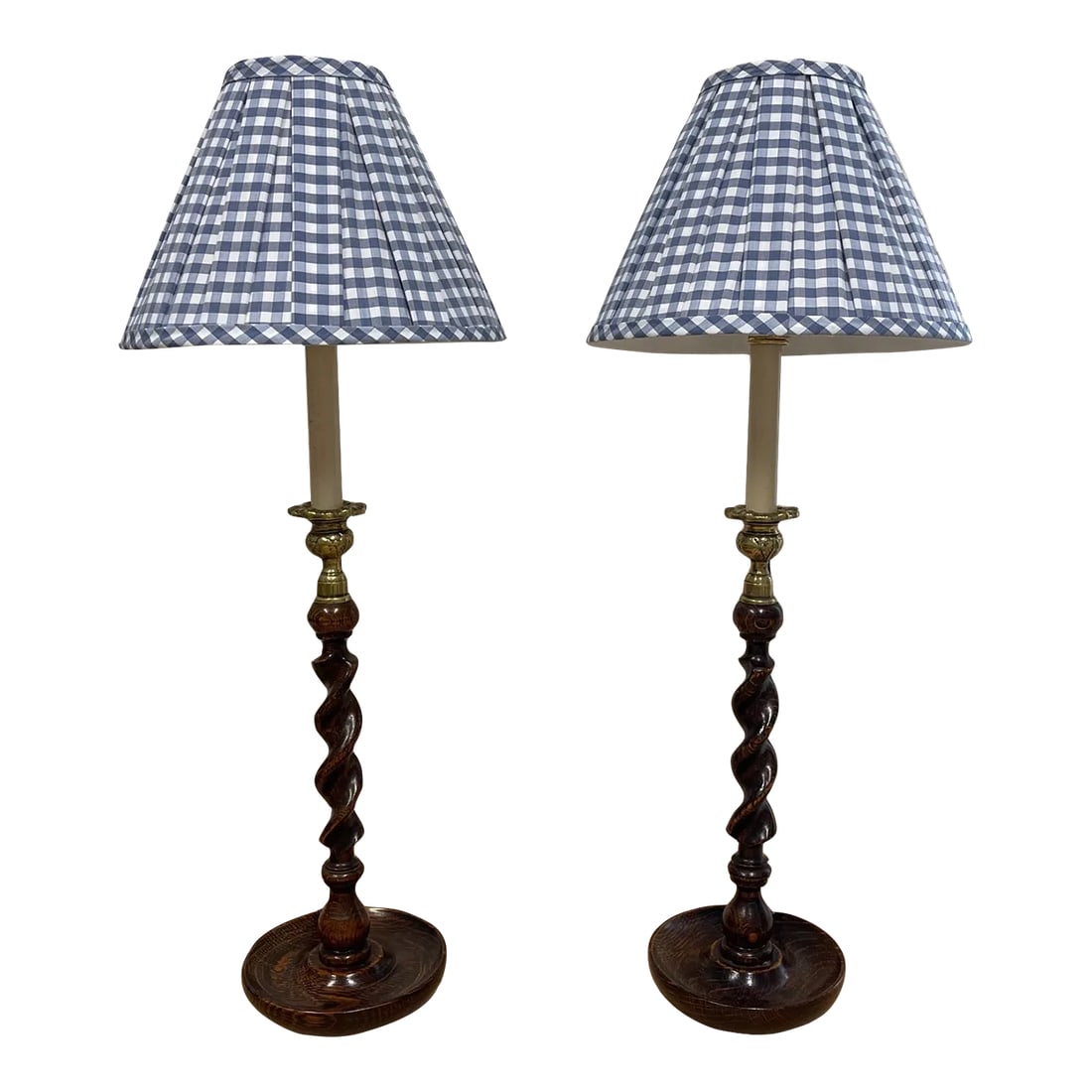 Vintage Oak Barley Turned Candlestick Lamps French Wired With Custom Box Pleated Shades - a Pair (1 of 9)