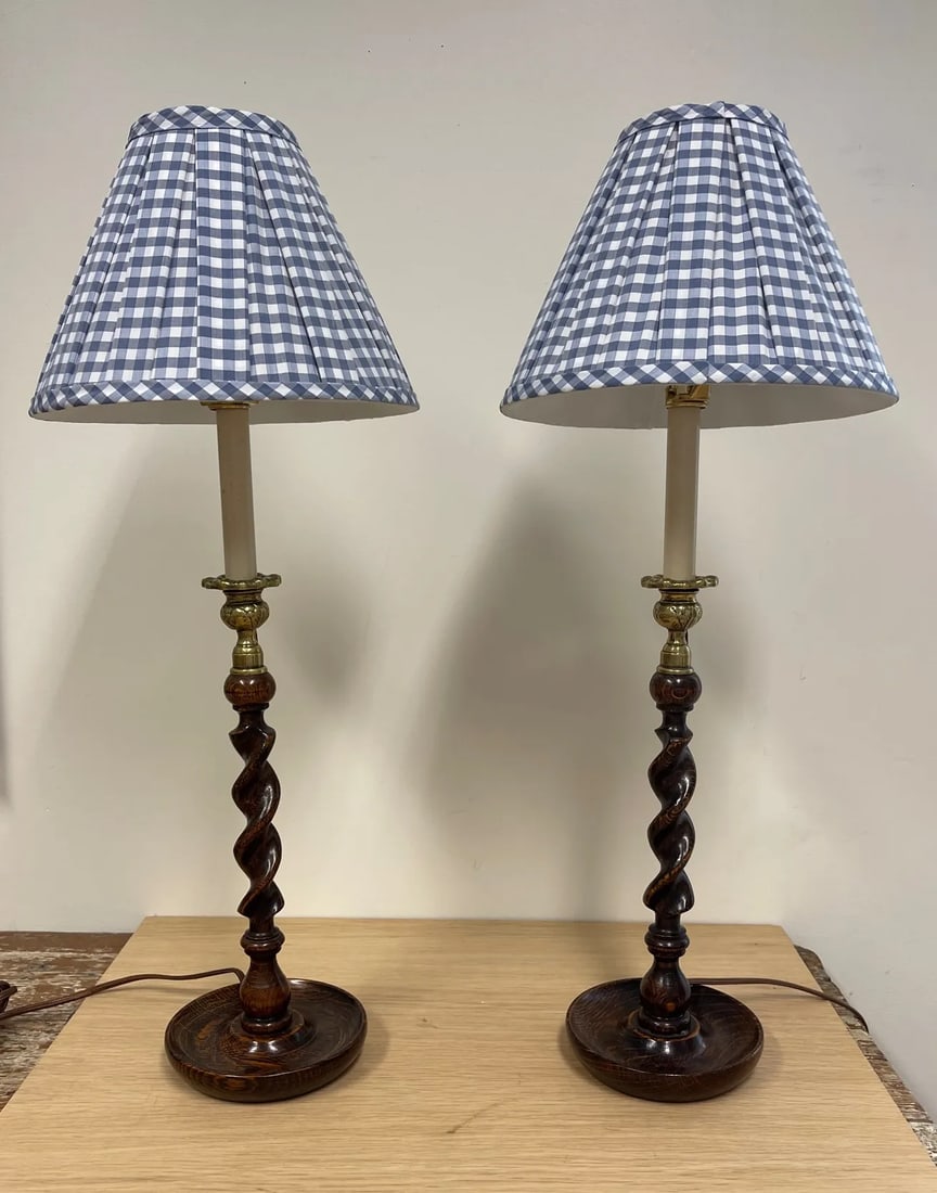 Vintage Oak Barley Turned Candlestick Lamps French Wired With Custom Box Pleated Shades - a Pair - 2