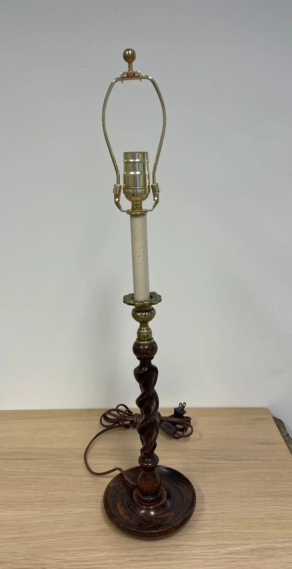 Vintage Oak Barley Turned Candlestick Lamps French Wired With Custom Box Pleated Shades - a Pair - 4