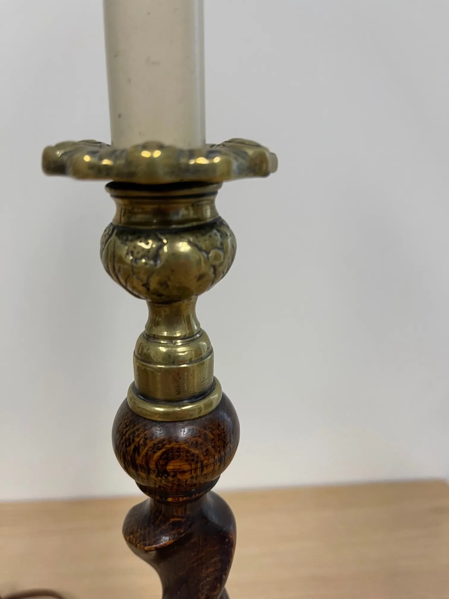 Vintage Oak Barley Turned Candlestick Lamps French Wired With Custom Box Pleated Shades - a Pair - 5
