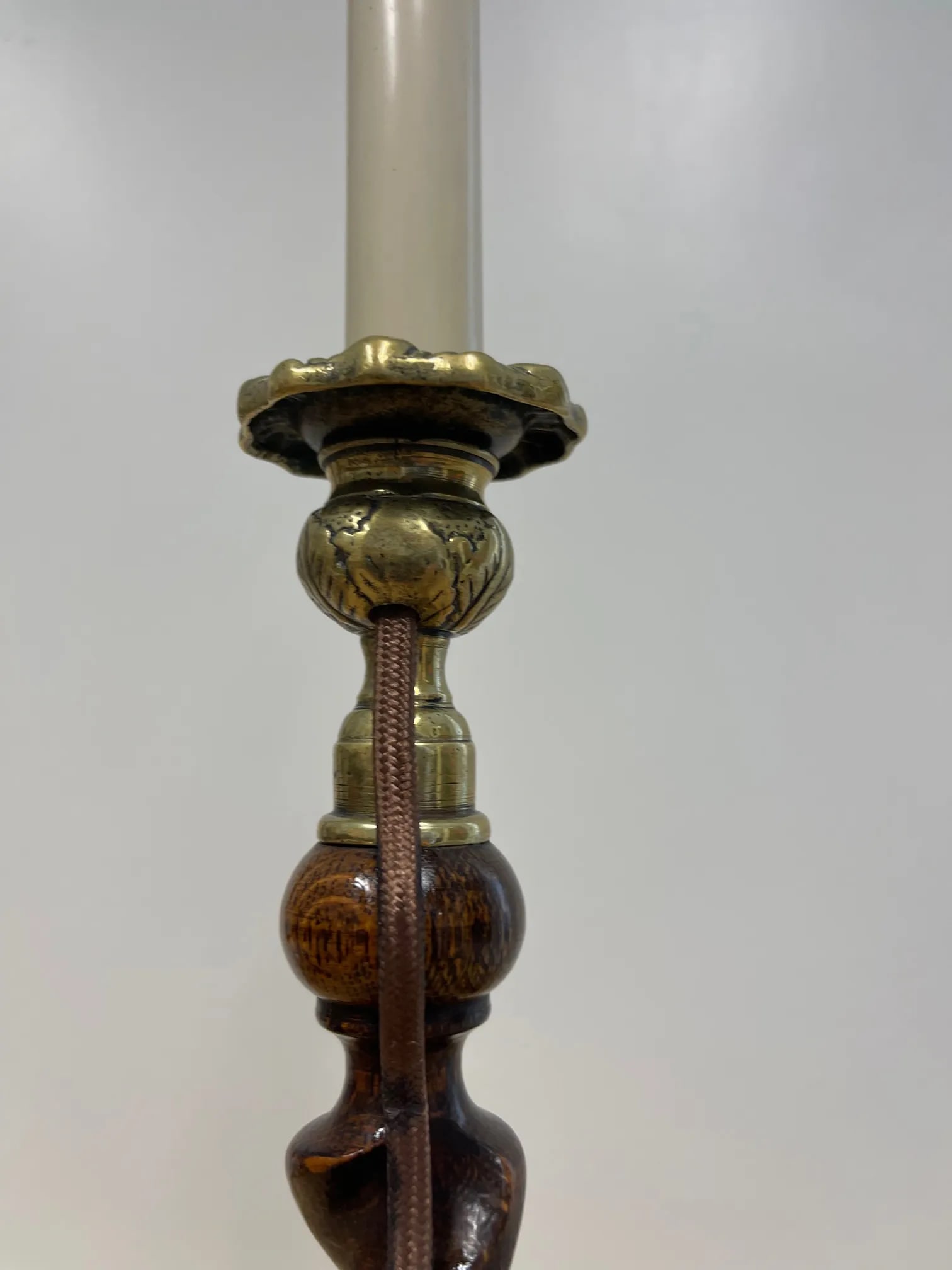 Vintage Oak Barley Turned Candlestick Lamps French Wired With Custom Box Pleated Shades - a Pair - 7