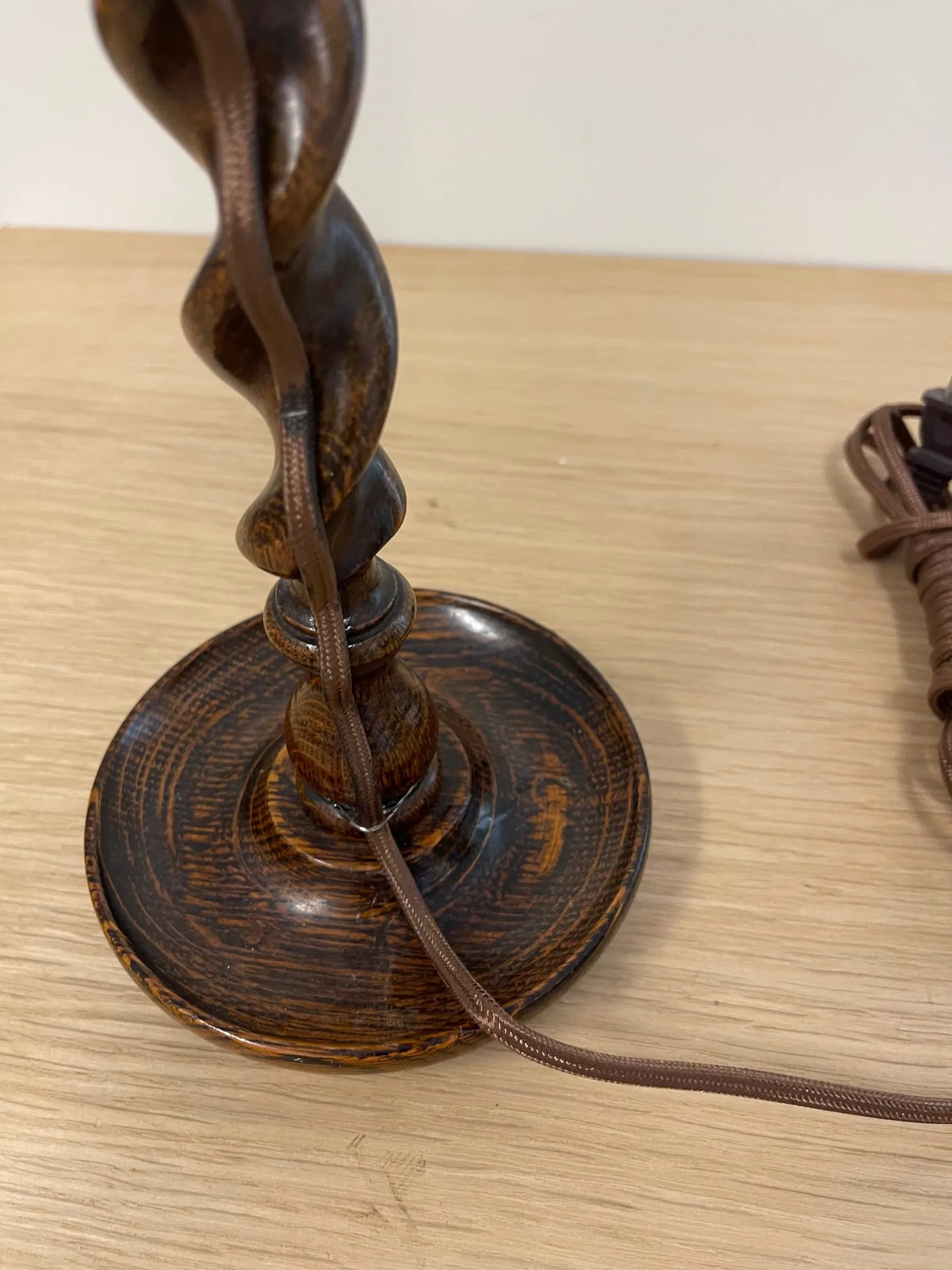 Vintage Oak Barley Turned Candlestick Lamps French Wired With Custom Box Pleated Shades - a Pair - 8