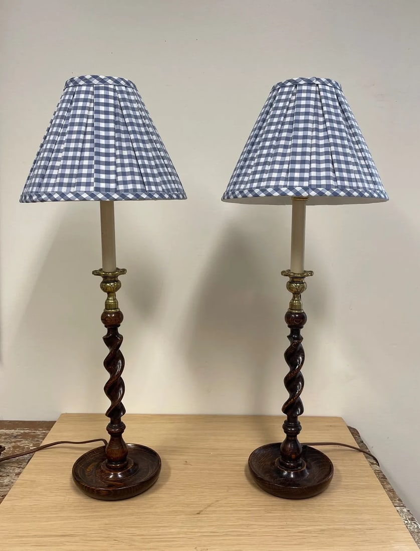 Vintage Oak Barley Turned Candlestick Lamps French Wired With Custom Box Pleated Shades - a Pair - 9
