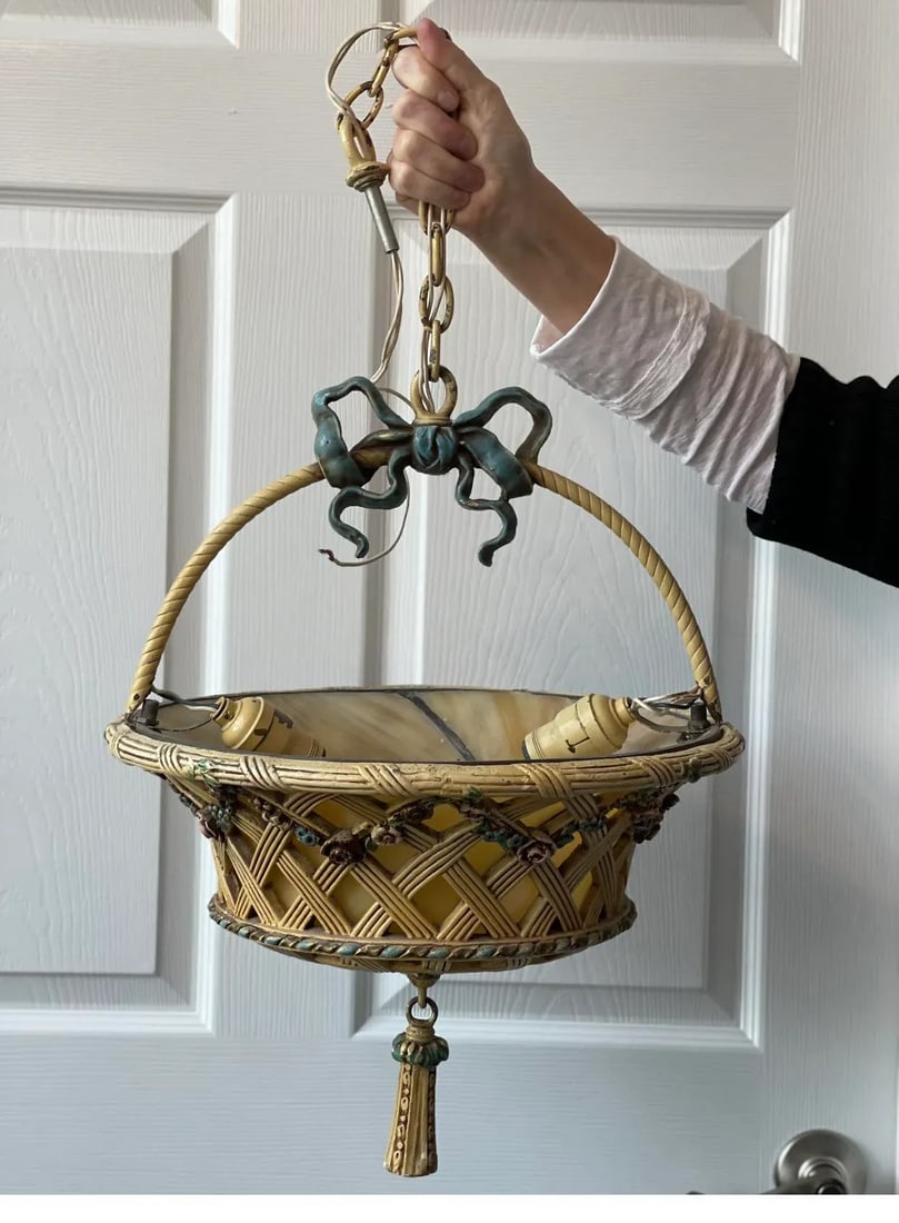 Vintage 1920s Floral Basket Chandelier With Caramel Slag Glass - 2