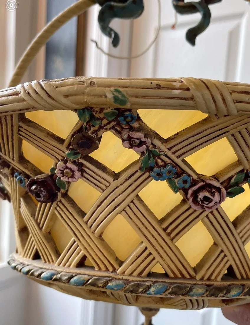 Vintage 1920s Floral Basket Chandelier With Caramel Slag Glass - 4